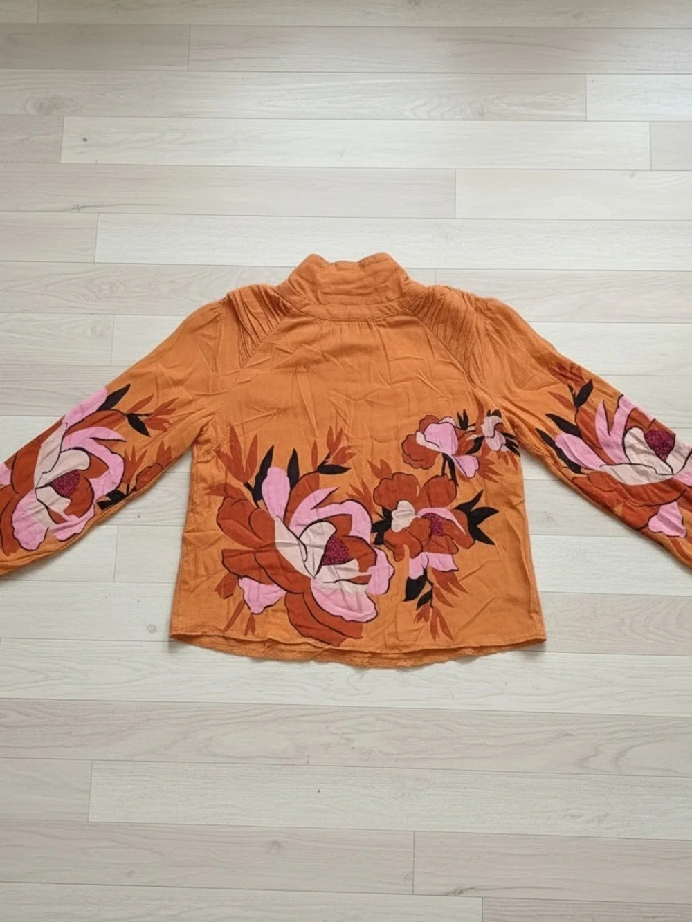 NWT FARN Rio for Anthro Puff Sleeve Blouse Orange Peony XL Blouse Tie Neck